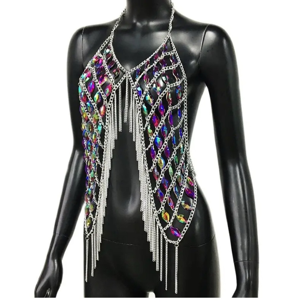 Gem rhinestone festival topper sexy rave tassels body chain cropped
